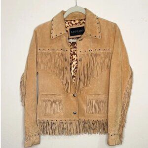 Saguaro Camel Suede Fringe Jacket with Stud Detailing and Leopard Lining SZ S